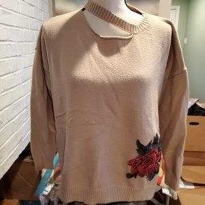 Cream/Tan Sweater w/ Embellished Rose